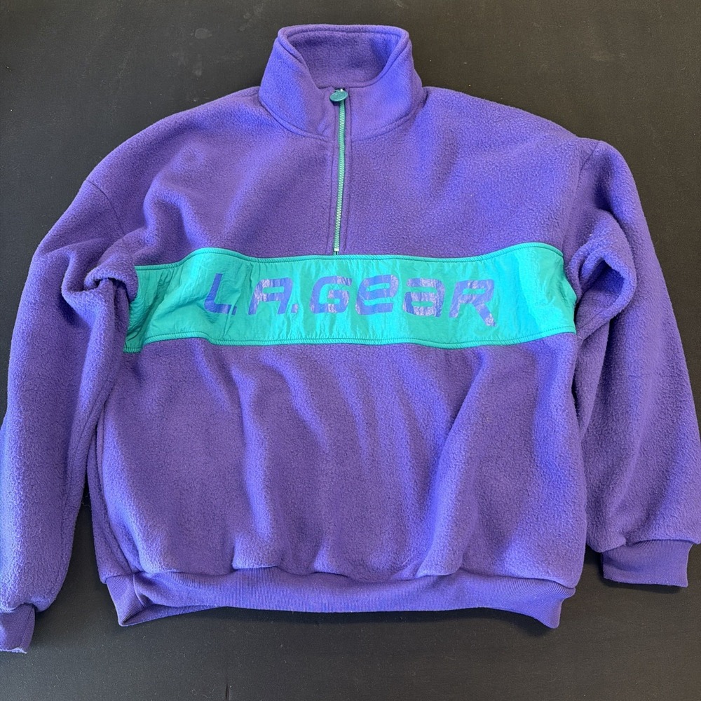 Vintage 80s LA Gear Fleece Pullover Sweatshirt - Size Large Purple & Turquoise